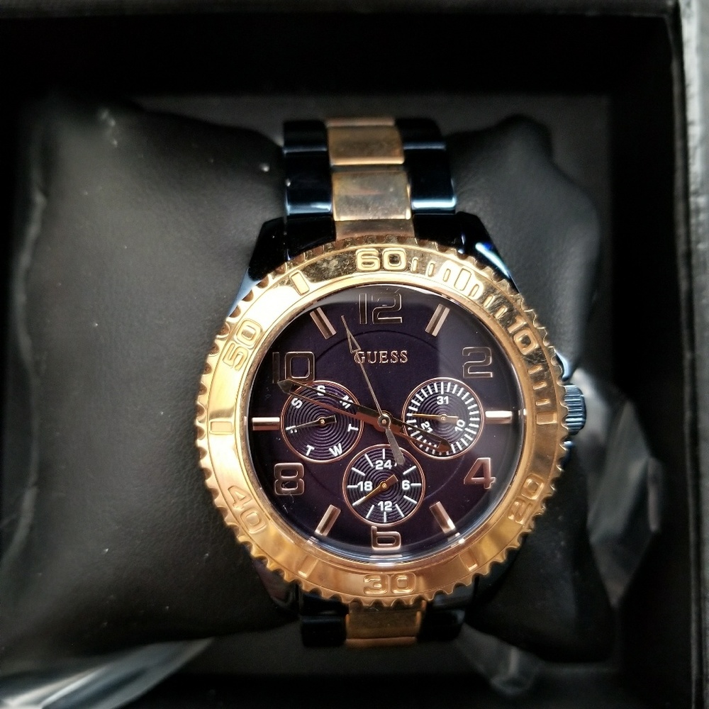 Guess watch women blue and rose gold tone